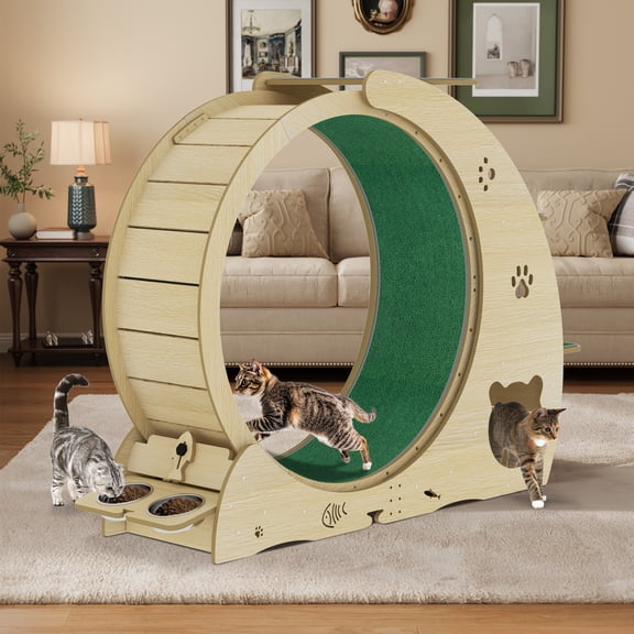 4-in-1 Cat Running Wheel, Large Cat Treadmill,Large Quiet Exercise Wheel with Scratching Pad & Play Roller,Stable Wood Base for Indoor Cats
