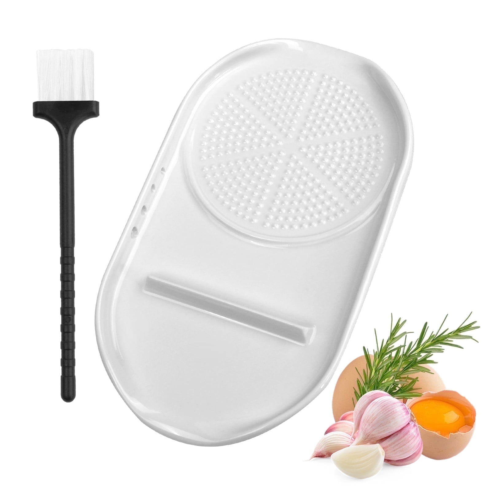 Luvan 4 in 1 Ceramic Garlic Grater Plate with Spoon Rest Herb Stripper Tool,Ginger Grinding Cheese Grater Dish for Wasabi Daikon Radish