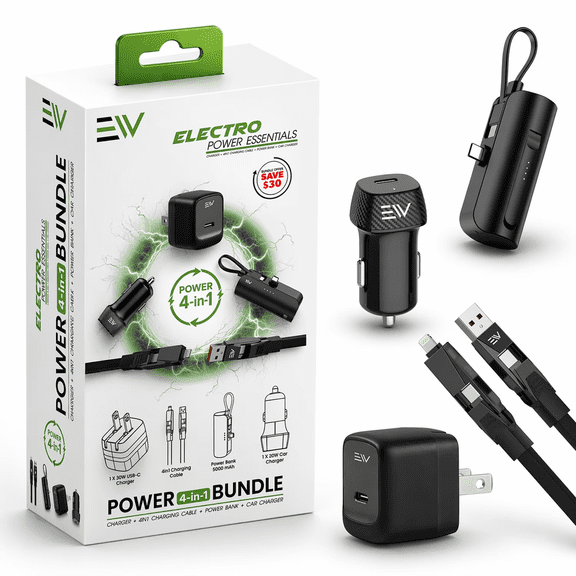 4-in-1 Charging Bundle Complete Fast Charging Solution, Travel Power Kit with 30W Wall Charger, Car Charger, 5000mAh Power Bank & Multi Charging Cable for iPhone & Android Devices