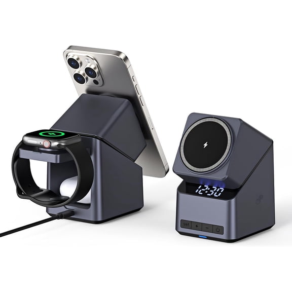 4-in-1 Charging Station Compatible with Magsafe, 15W Fast Wireless Charger Stand with LED Clock, Adjustable Metel Phone Stand for iPhone 16/15/14/13/12 Series, Apple Watch, AirPods