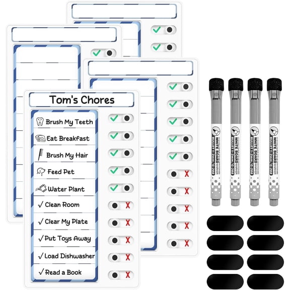4-in-1 Chore Chart: Dry Erase My Chores Slider Chart, Magnetic Visual Schedule for Fridge, Kids Daily Checklist - ADHD Tools: To-Do List and Routine Chart (Blue 4-Pack)