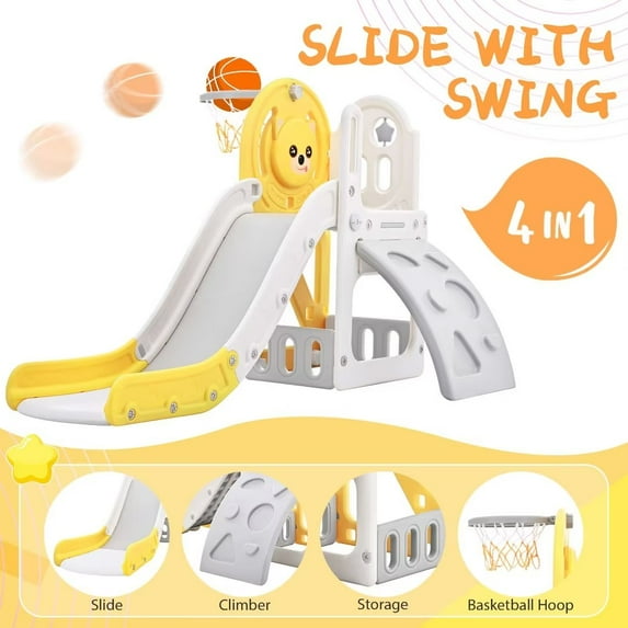 4-in-1 Climber and Slide Set, Toddler Slide Set, Freestanding Slide Set with Climber and Basketball Hoop, Playground Climber Slide Playset, for Indoor Outdoor Backyard Playground, Yellow