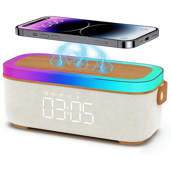 4-in-1  Clock Bedrooms for Heavy Sleeper,  Clock Sync with Phone, Portable  Speaker, 15W   Station, Ambient Mood Night Light, Trendy  Room Decor