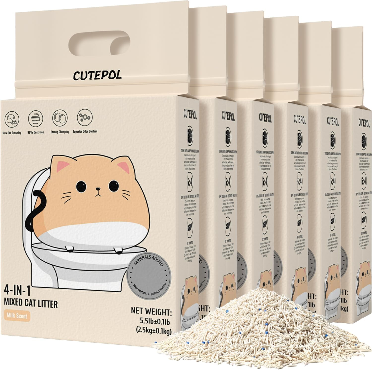 4-in-1 Clumping Cat Litter 33 lb, Odor Control and Rapid Clumping, Water Absorbent and Flushable, Dust-Free, Multi-Cat, Bentonite Tofu Cat Litter, Milk Scent, 5.5lb/Pack