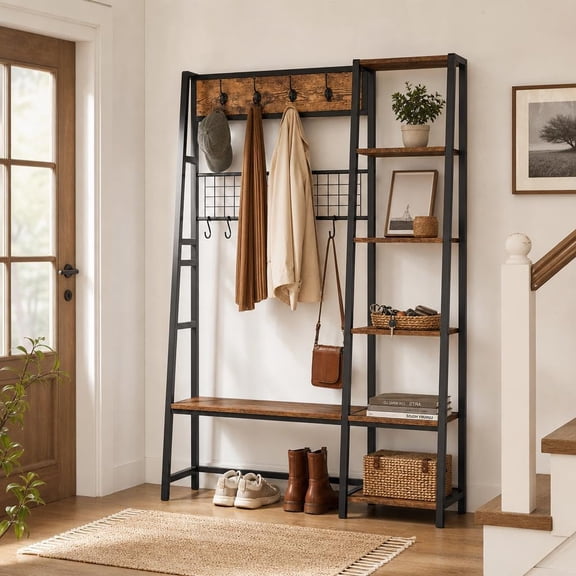 4-in-1 Coat Rack Hall Tree – Entryway Bench with Shoe Storage & 8 Removable Hooks – Industrial Mudroom Furniture for Front Door