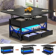 4 in 1 Coffee Tables with Storage, 40" Lift Top Farmhouse Coffee Table with 2 Drawers and LED Light for Dining Room, Living Room, Black