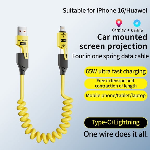 4 in 1 Coiled USB Charging Cable, 6FT Multi Functional Fast Charger Cord, Data Sync Compatible with Phone, Universal All in One Charging Cable