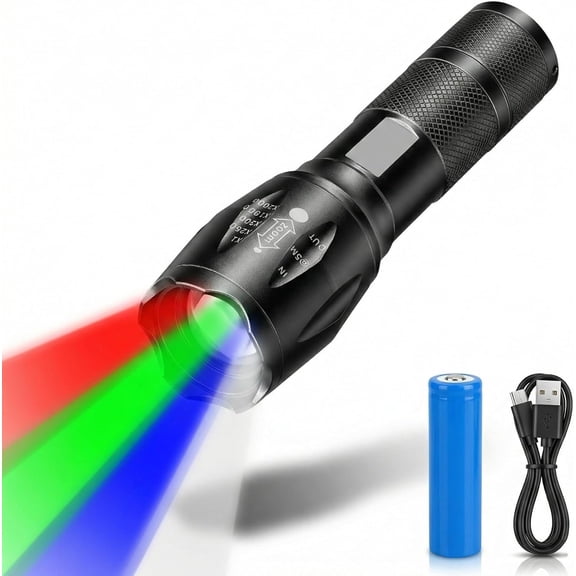 4-in-1 Color Rechargeable Flashlight, Red, Blue, White, Green Telescopic Zoom LED Light Flashlight, and Suitable for Outdoor Travel, Rescue (1)