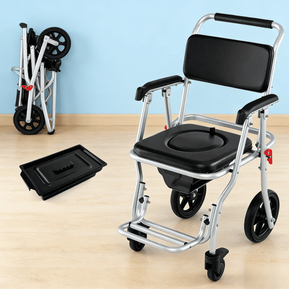 4-in-1 Commode Wheelchair 330 lbs Capacity, Bedside Toilet Shower Chair Raised Toilet Seat with 10" Wheels Foldable Anti-Rust Aluminum Frame for Elderly Disabled Pregnant Women, Black Silver
