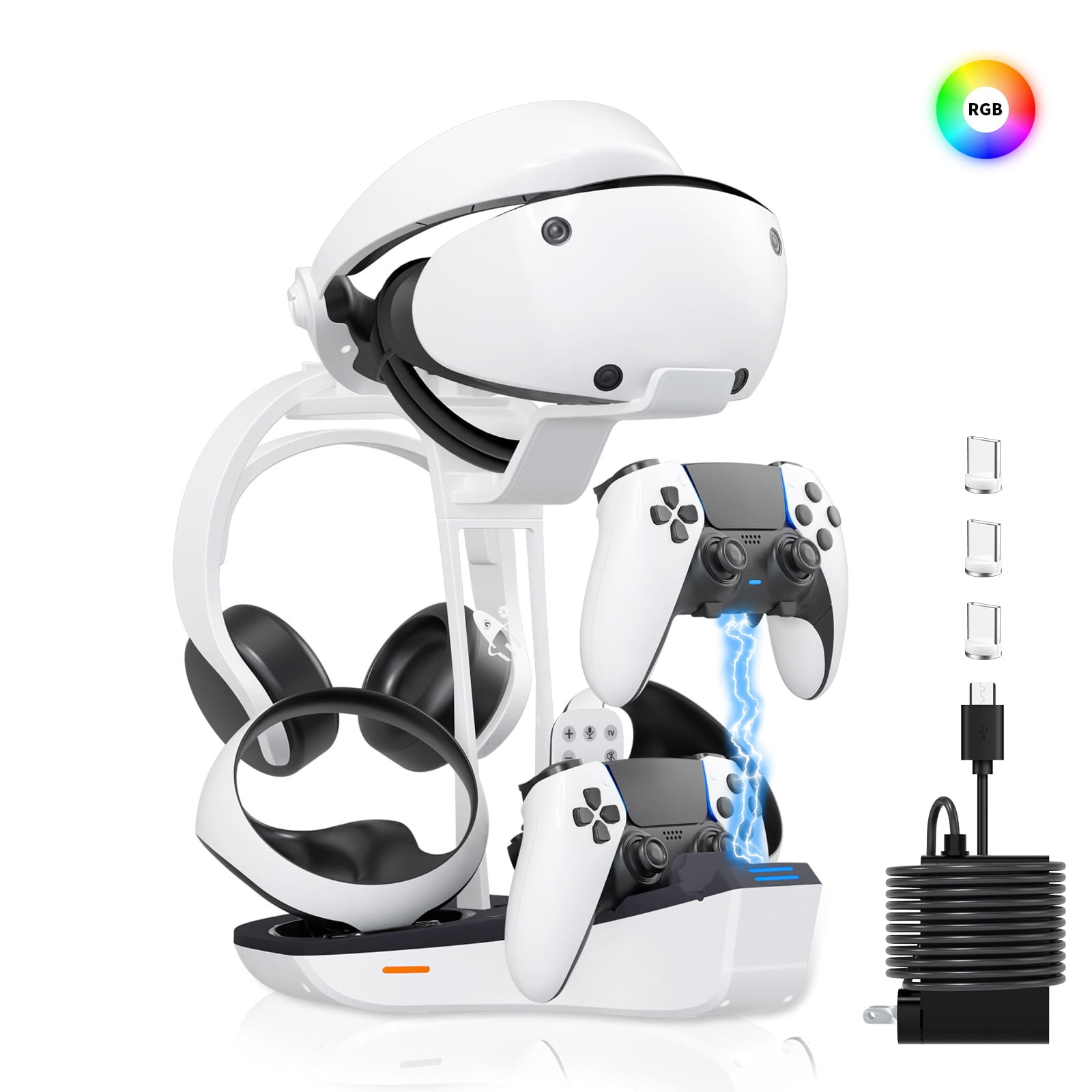 4-in-1 Controller Charging Station for PSVR2 and PS5, Dual Charging Dock with VR Headset Display Holder and Headphone Rack, LED-Charging Indicator, AC Power Adapter, RGB Lights, 3 Magnetic Connector