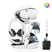 4-in-1 Controller Charging Station for PSVR2 and PS5, Dual Charging Dock with VR Headset Display Holder and Headphone Rack, LED-Charging Indicator, AC Power Adapter, RGB Lights, 3 Magnetic Connector