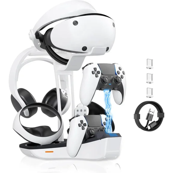 4-in-1 Controller Charging Station for PSVR2 and PS5, Dual Charging Dock with VR Headset Display Holder and Headphone Rack, LED Indicator, Charging Cable, RGB Lights, 3 Magnetic Connector