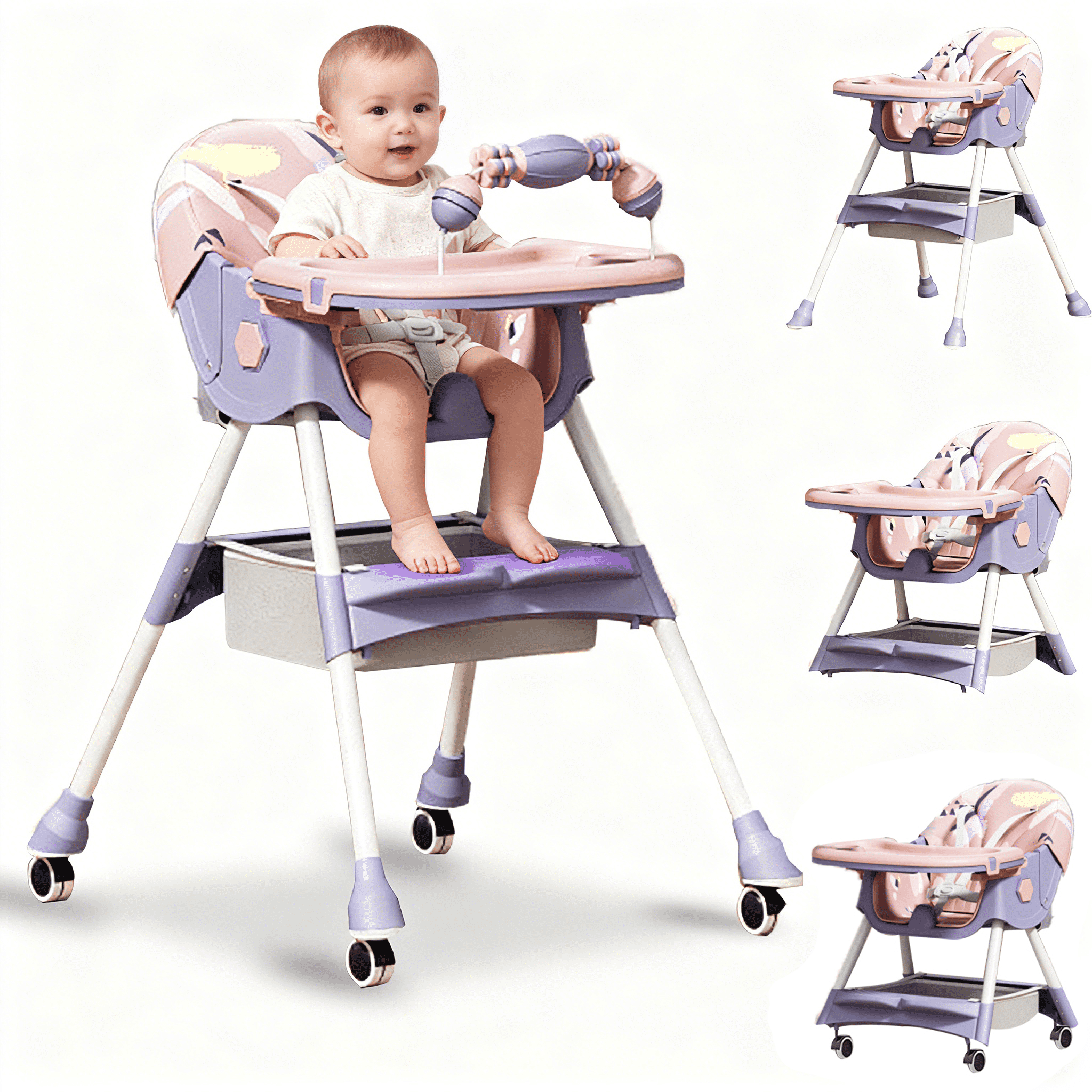 SHIBAILI 4-in-1 Convertible Baby High Chair with Adjustable Height,Foldable,Wheels & Cushion  (Pink+Purple)