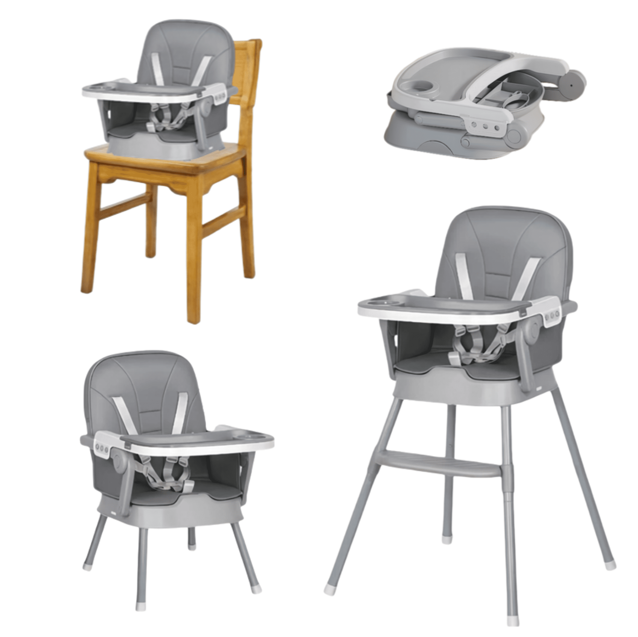 4-in-1 Convertible Baby High Chair,Toddler Eating Chair with Foot Rest, PU Cushion, Lightweight for 6-36 Months, Unisex,GRAY