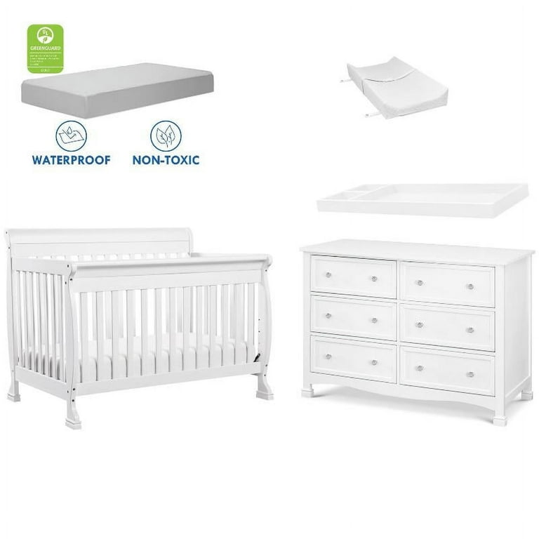 4 in 1 Convertible Crib and Dresser Changing Table Set with Mattress in White