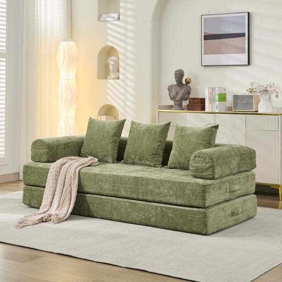 4-in-1 Convertible Folding Sofa Bed, Chenille Foldable Mattress Couch with Armrest, Floor Sofa Lounge Couch for Living Room, Green