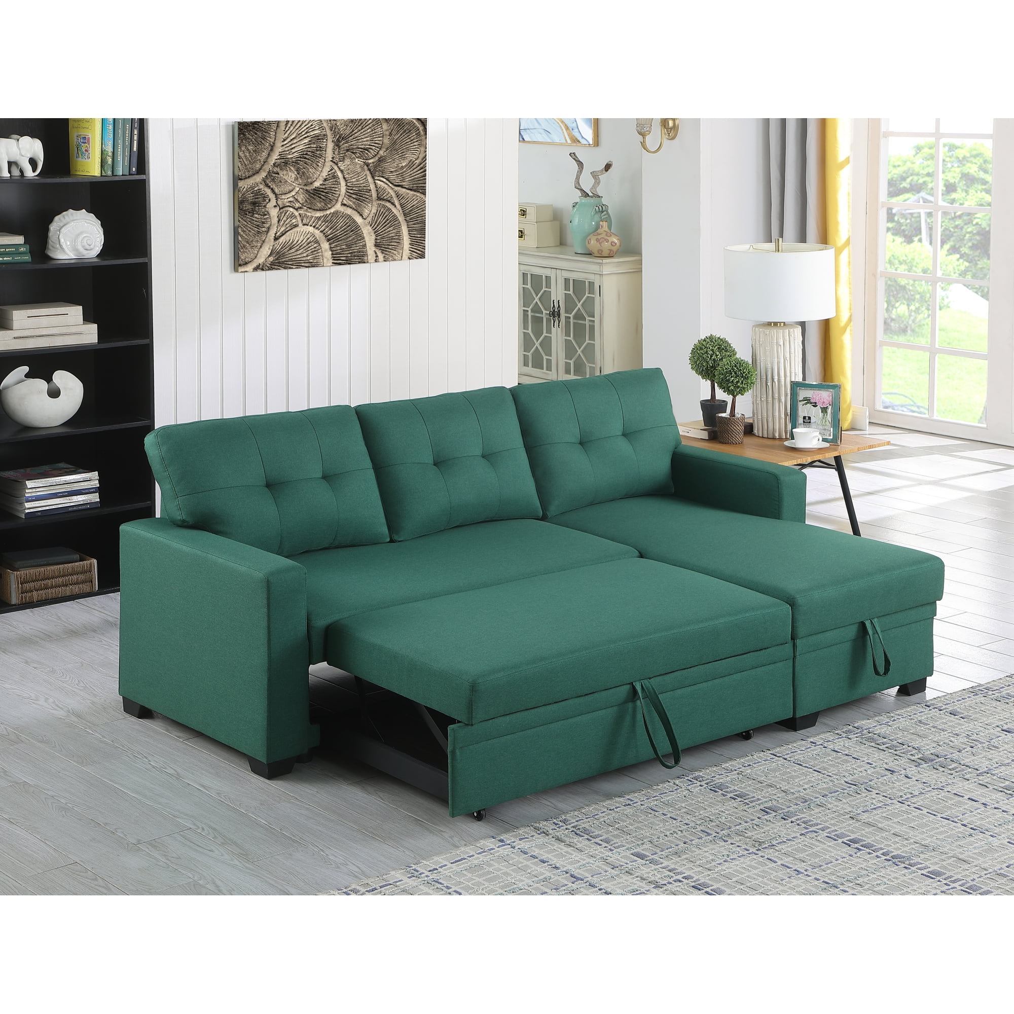 4-in-1 Convertible L Shaped Couch with Pull Out Bed and Storage,Sectional Sleeper Sofa with Reversible Chaise for Living Room, Apartment, Bedroom,Green