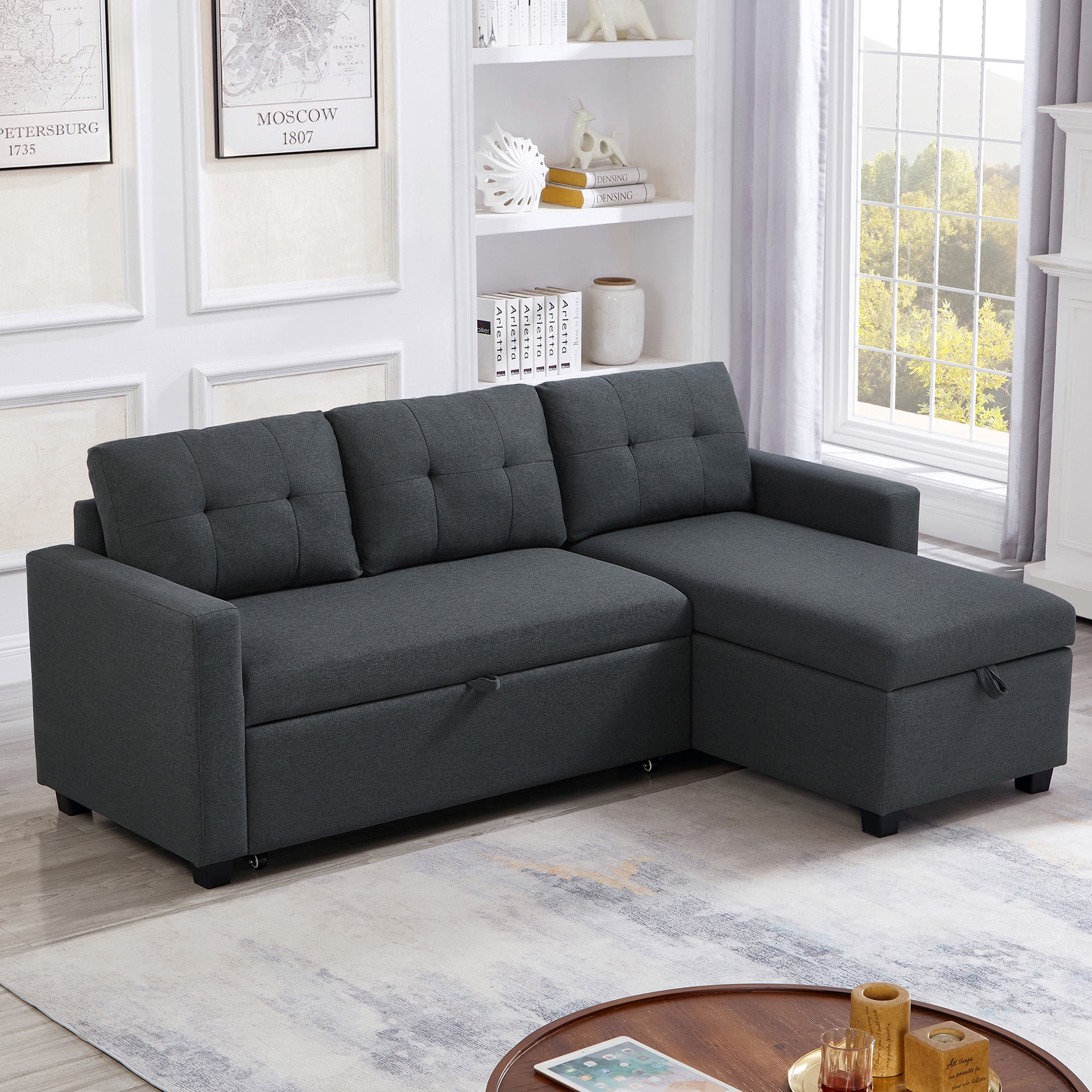 4-in-1 Convertible L Shaped Couch with Pull Out Bed and Storage ...