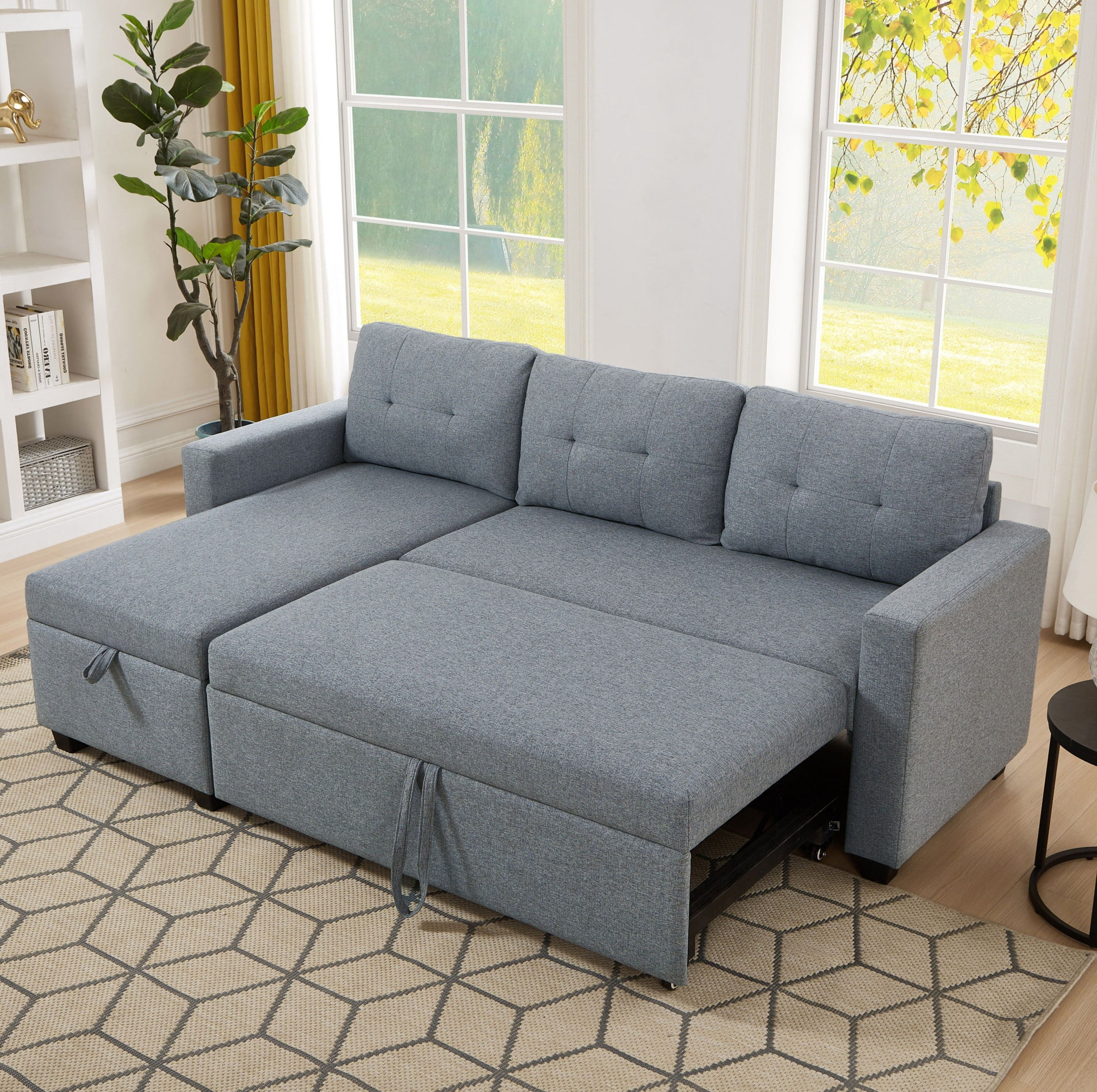 4-in-1 Convertible L Shaped Sleeper Sofa with Pull Out Bed and Storage Chaise, Linen Sectional Corner Couch with Removable Back Cushions for Living Room, Apartment, Bedroom,Office,Light Grey