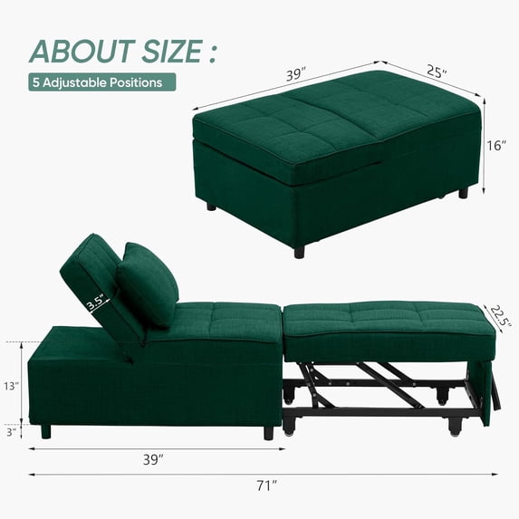 4-in-1 Convertible Ottoman Sofa Bed - Multi-Function Sleeper Chair with Adjustable Backrest and Pillow for Small Spaces, Green