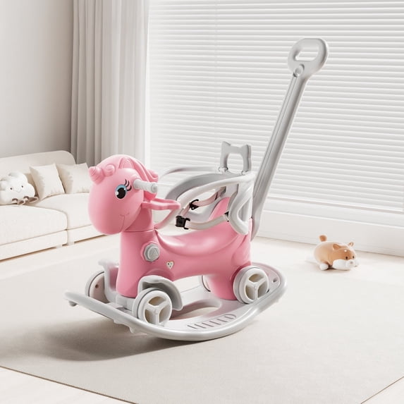 4-in-1 Convertible Rocking Horse Balance Bike Ride On Toy with Push Handle, Backrest, Balance Board, 4 Wheels, Sound Button for Toddlers 1-3 -Pink