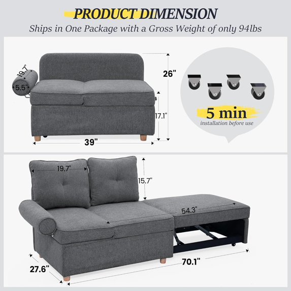 4-in-1 Convertible Sleeper Sofa Bed with Adjustable Backrest, Linen Fabric Loveseat, Compact Design for Small Spaces