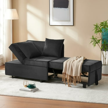 4-in-1 Convertible Sofa Bed, Pull Out Velvet Sleeper Sofa Chair Bed with USB Ports, 5-Level Adjustable Backrest and Pillow, Fold Out Ottoman Bed for Small Spaces Living Room, Gray