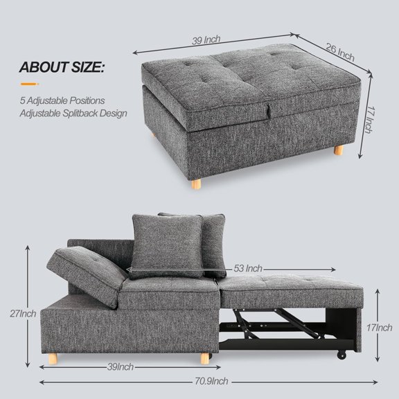 4-in-1 Convertible Sofa Bed with Storage, Dark Linen Fabric Loveseat for Small Spaces