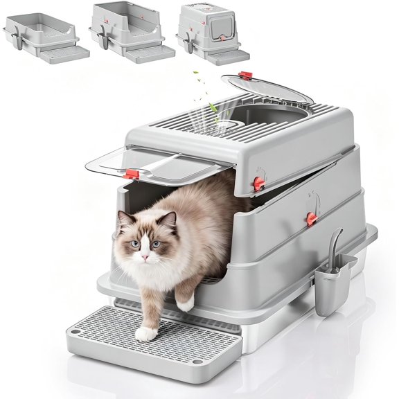 4-in-1 Convertible Stainless Steel Litter Box with Lid | 4 modes in box: open, high-sided or enclosed; fits kittens to senior cats; 160? flip-open lid; pad and filter