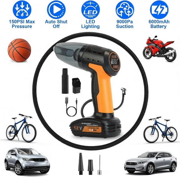 4-in-1 Cordless Car Vacuum & Tire Inflator 9000Pa Suction 150PSI, Rechargeable Handheld Air Compressor with Digital Display LED Light Tire Pressure Gauge 5 Modes for Car SUV Motorcycle Bicycle Ball