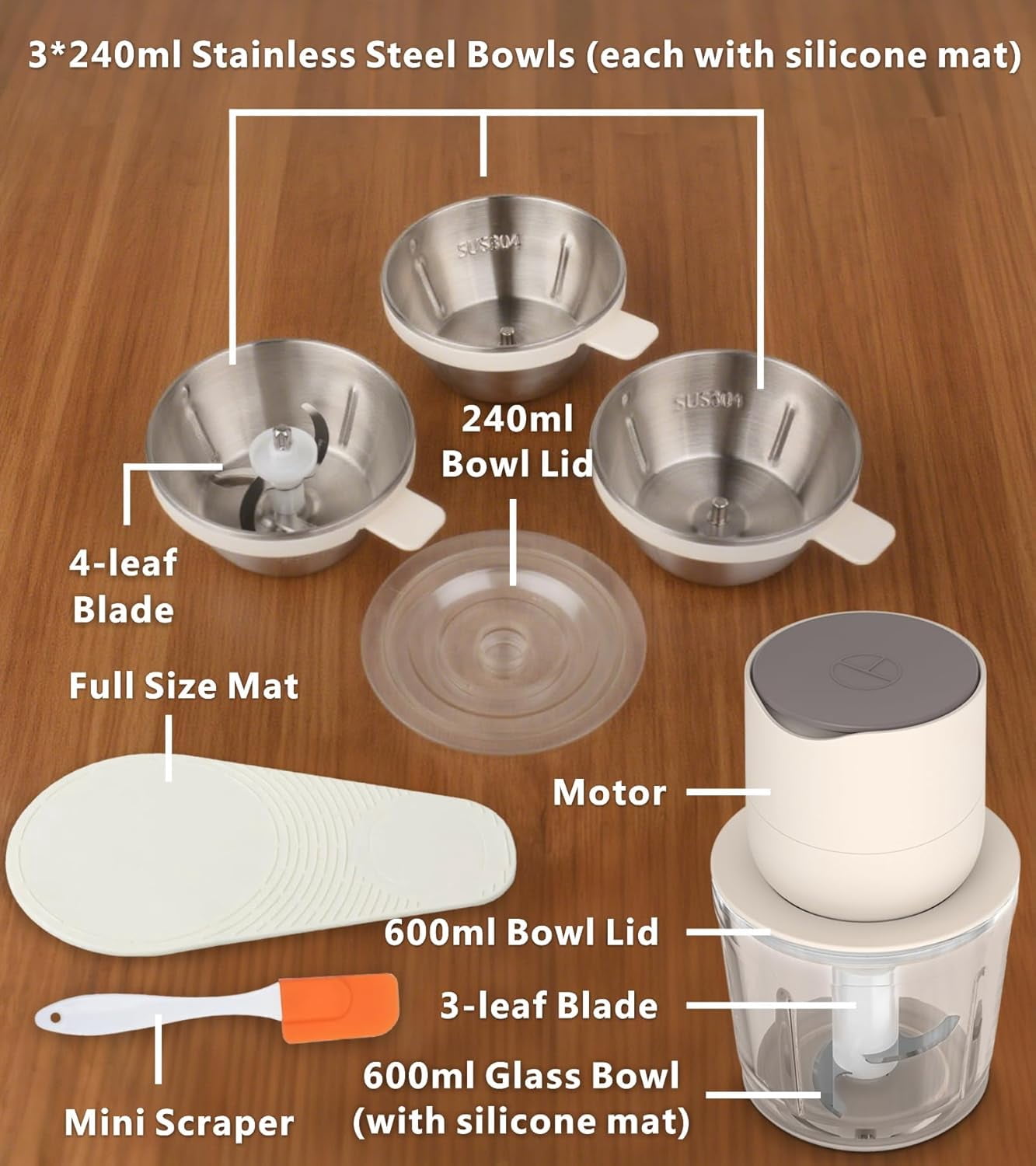 4-in-1 Cordless Food Processor with Glass Bowl and Stainless Steel Containers, USB-C Rechargeable  Meat Vegetable Chopper for Kitchen