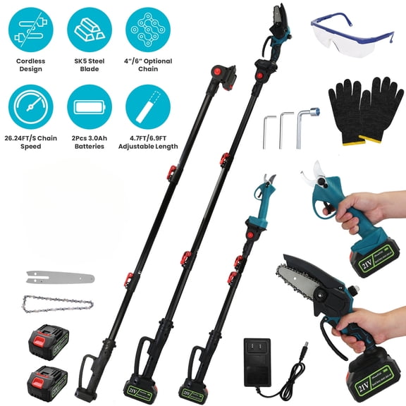 4-in-1 Cordless Pole Saw and Pruning Shear, 21V Electric Tree Trimmer with 2 x 3000mAh Batteries, 7-Angle Adjustable Head for Branch Cutting, Garden Yard Maintenance, Orchard & Landscaping