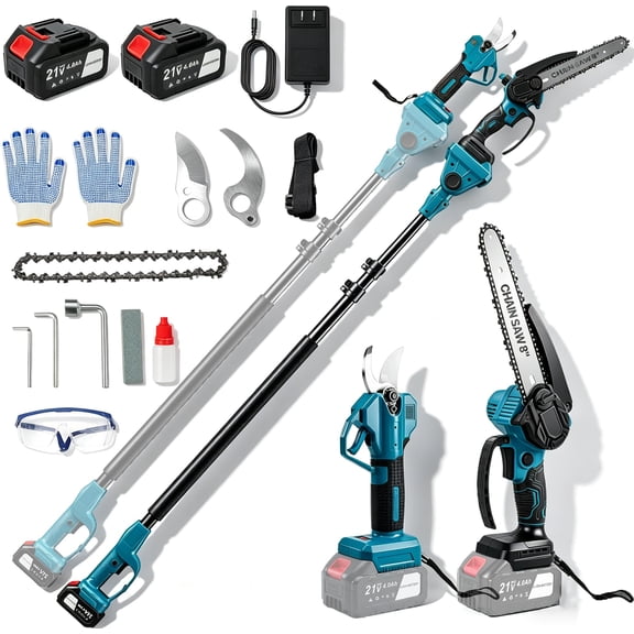4-in-1 Cordless Pole Saw & Pruning Shears with 2 x 4.0Ah Battery, 8 Inch Mini Chainsaw & Electric Pruner with 14.5 Ft Reach Extension Pole, Battery Powered Pole Saw Pruner for Tree Trimming/Cutting