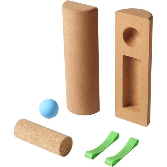4-in-1 Cork Balance Board for Foot & Ankle Strength Dual Half-Cylinder Trainer with Roller & Massage Ball Non-Slip Natural Cork Stability Board for Mobility, Balance(RL)