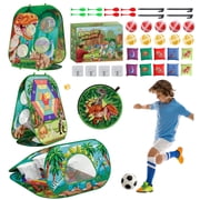 KNMDU 4-in-1 Cornhole Board Set with Bean Bag Toss, Soccer Goal, Safe Darts and Throwing Ball for Kids Ages 3-8