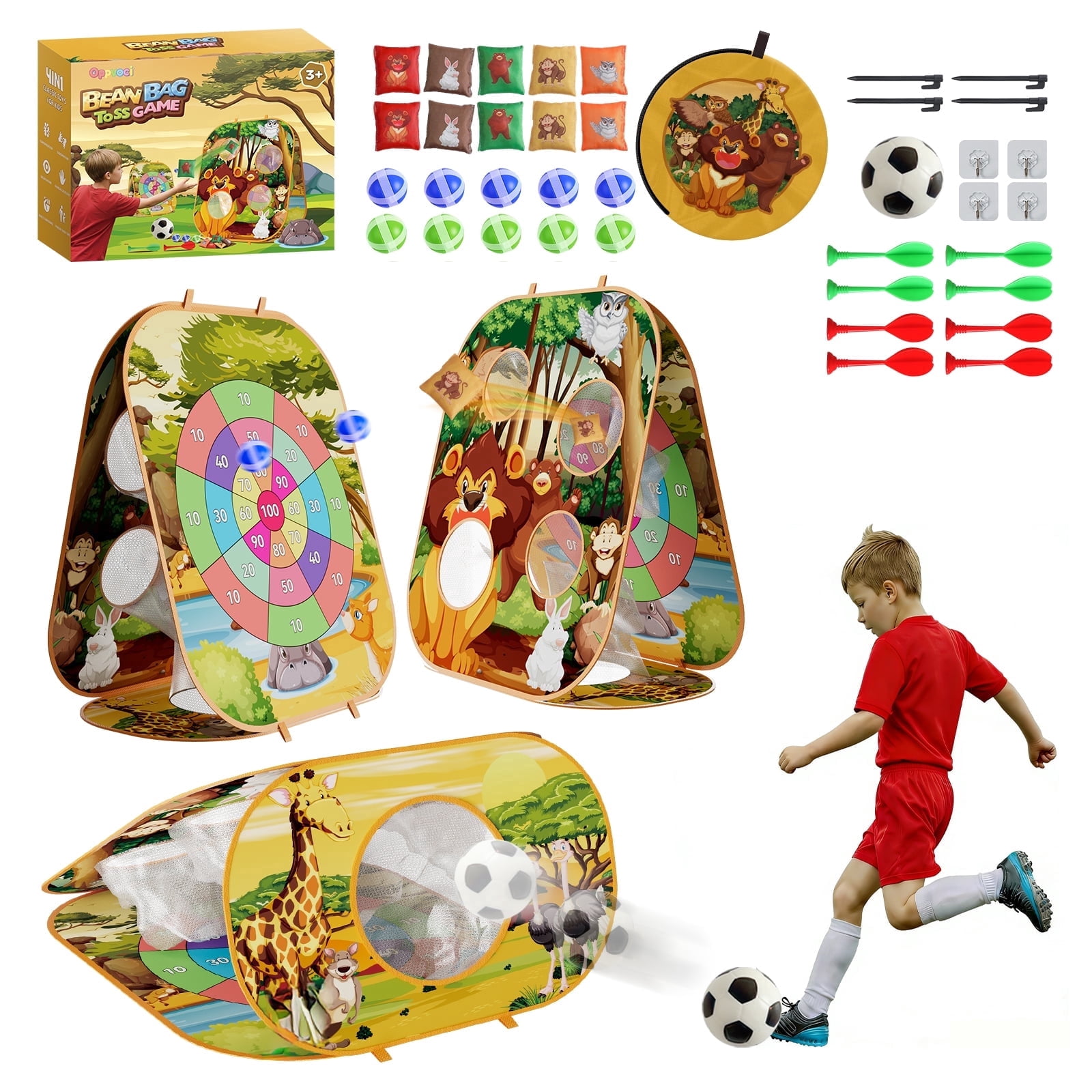 KNMDU 4-in-1 Cornhole Board Set with Bean Bag Toss, Soccer Goal, Safe Darts and Throwing Ball for Kids Ages 3-8