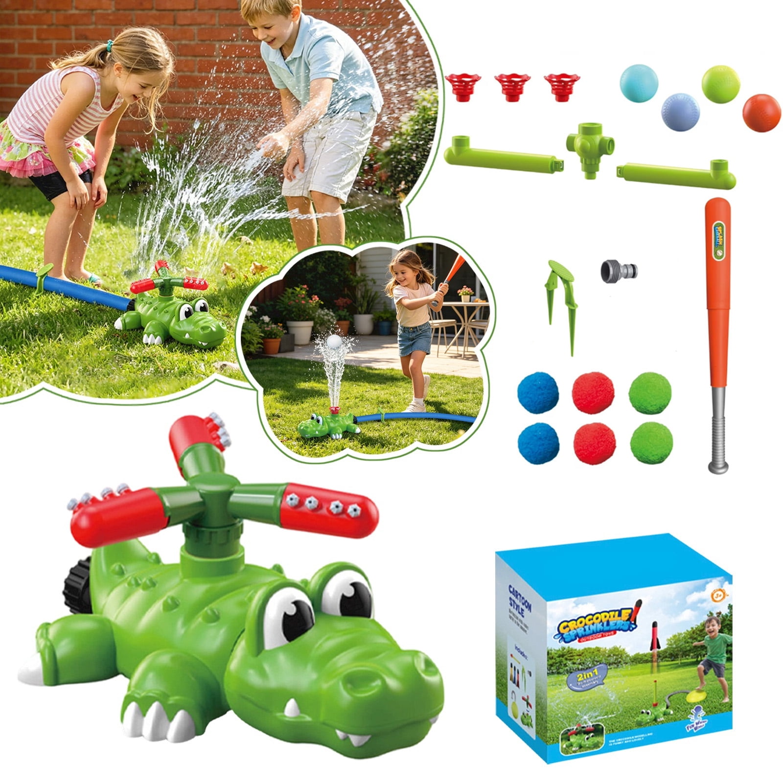 4-in-1 Crocodile Sprinkler & T Ball Playset, Kids Water Sprinklers for Yard, Toddler Outdoor Toys, Interactive Backyard Water Games for Summer Outside Play