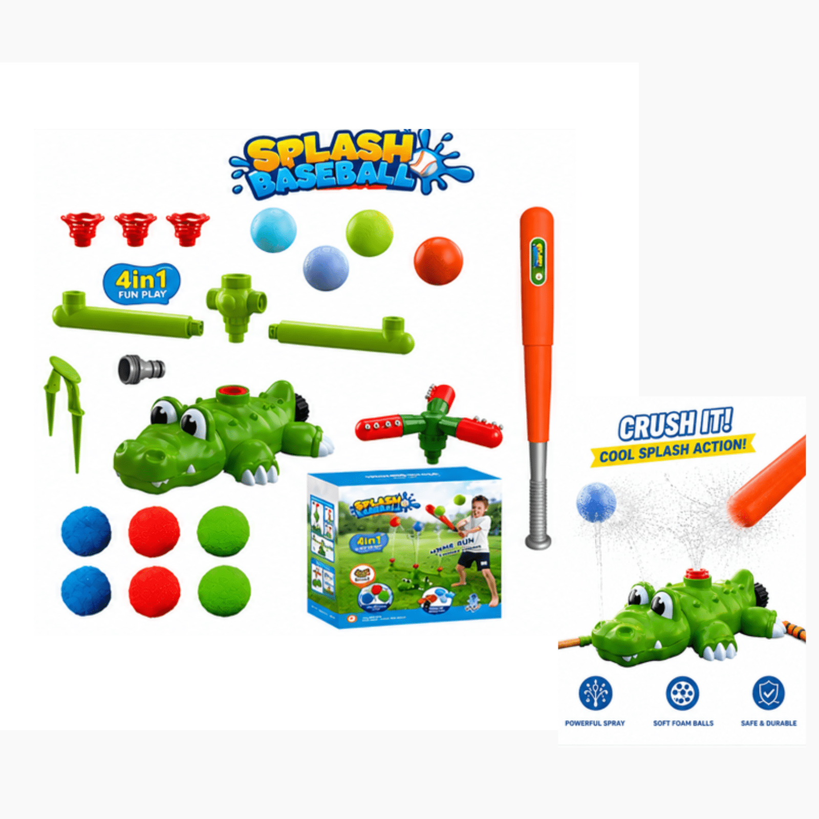 4-in-1 Crocodile Sprinkler T Ball Set, Kids Water Sprinklers for Yard with Baseball Bat & Balls, Toddler Outdoor Toys, Summer Outside Yard Water Games Toys for Boys Girls