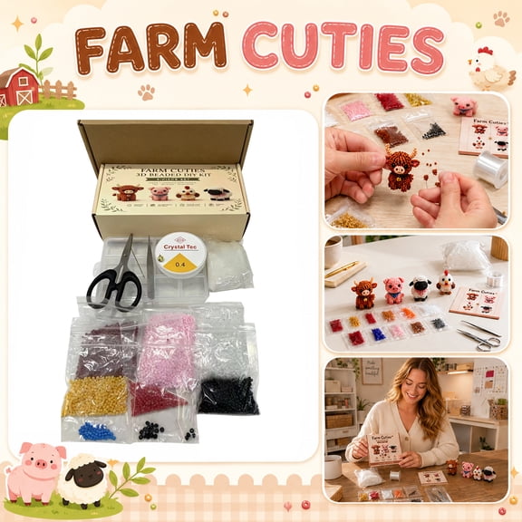 4-in-1 Cute Farm Animal Bead String DIY Kit, Complete Set for Cow, Pig, Chick & Lamb Figures, Home Decor Handmade Project with Beads and Tools