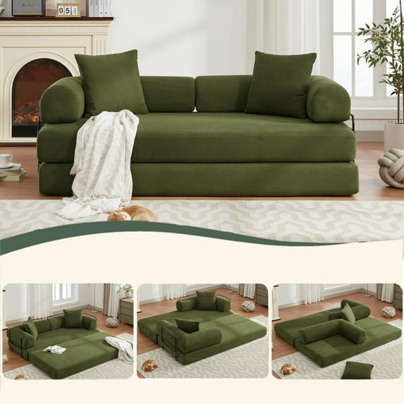 Firscook 4-in-1 Convertible Sleeper Sofa Bed, No Assembly Corduroy Couch, Foldable King Size Floor Futon for Living Room & Apartment, Green