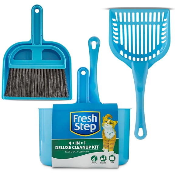 4 in 1 Deluxe Cat Litter Cleanup Kit - Kitty Litter Cleaning Supplies Includes Cat Scoop, Dust Pan, Broom, and Caddy for Easy Clean Up