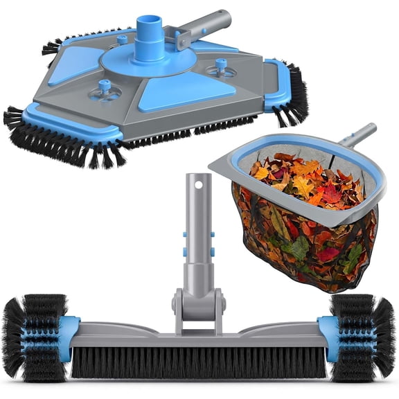 4-in-1 Deluxe Swimming Pool Cleaning Kit - Includes Upgrade Triangular Pool Vacuum Head, Detachable Brush, Deep Leaf Skimmer Net, Adjustable Aluminum Pole Inground & Above Ground Pools