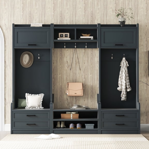 78" 4-in-1 Detachable Hall Tree with Storage Cabinet, 7 Hooks, Drawers & Shoe Bench, Entryway Coat Rack with Seating for Mudroom, Antique Blue