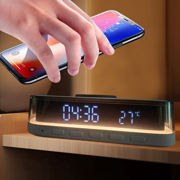 4 in-1 Digital Alarm Clock Wireless Charger Small Night Light, Large Clock Display, Temperature Display, 15W Fast Charging Station, Magnetic Positioning, for Bedroom, Bedside, Desk, Home Decor