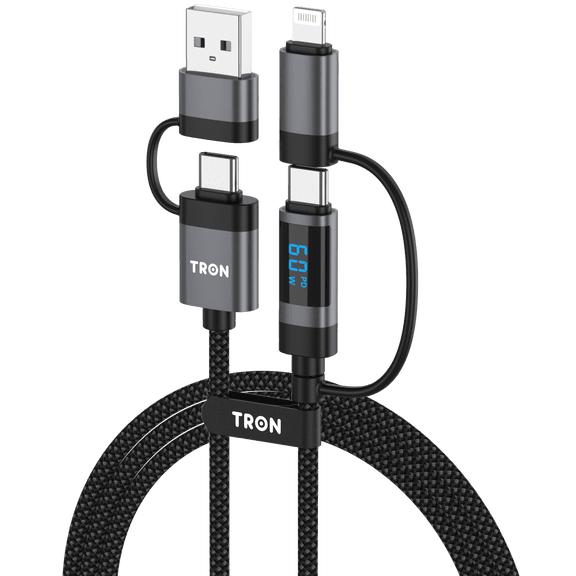 TRON 4 in 1 Charging Cable 60W, USB-C and USB-A to USB-C and L Connector Cord with Real Time Digital Power Display 5FT Nylon Braided Fast Charger for iPhone 16 15 14, Android, Tablet, TR52N, Black