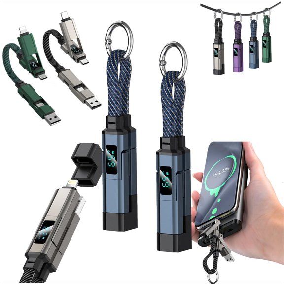 4-in-1 Digital Display Keychain Charging Cable – 2 Pack 65W Fast Charging Multi Charger Cord, Short Travel Cable for Phone, Tablet, Laptop, 40Gbps Data Transfer