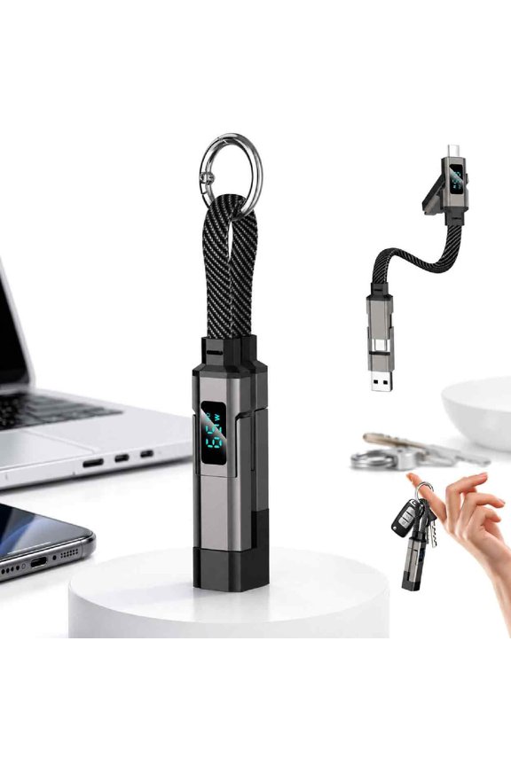 4-in-1 Digital Display Keychain Charging Cable, 65W Fast Charging PD Cord with LED Screen, Braided Short Travel Lanyard for Phone