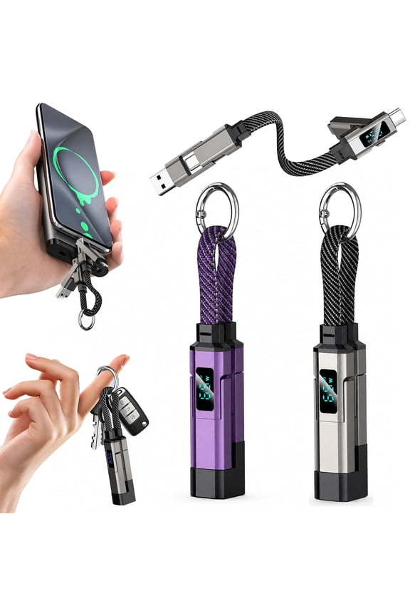 4-in-1 Digital Display Keychain Charging Cable, 65W USB C Fast Charging Short Cord, Portable Multi Charger Key Ring for iPhone, iPad, Samsung, USB C Devices, Tablets, Laptops (Purple+Black)