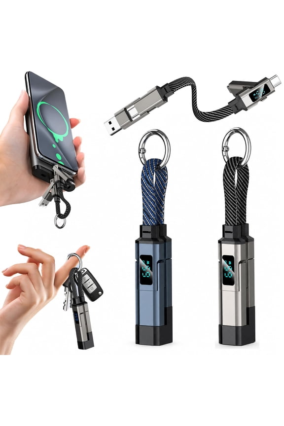 4-in-1 Digital Display Keychain Charging Cable, 65W USB C Fast Charging Short Cord, Portable Multi Charger Key Ring for iPhone, iPad, Samsung, USB C Devices, Tablets, Laptops (Green)