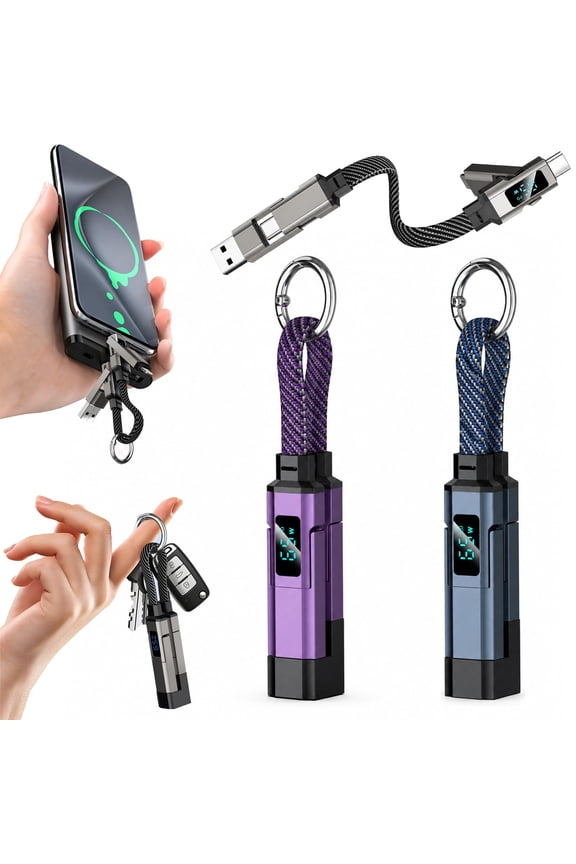 4-in-1 Digital Display Keychain Charging Cable, 65W USB C Fast Charging Short Cord, Portable Multi Charger Key Ring for iPhone, iPad, Samsung, USB C Devices, Tablets, Laptops (Green)